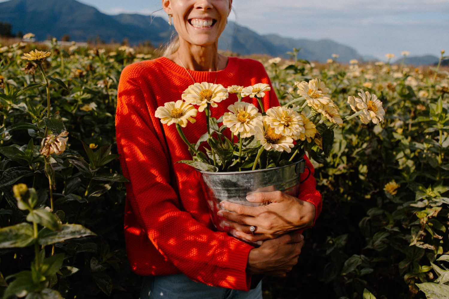 Person holding a pot of flowers in a field with mountains in the background